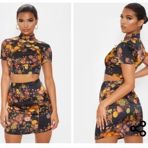 Black Oriental Print Satin A Line Skirt